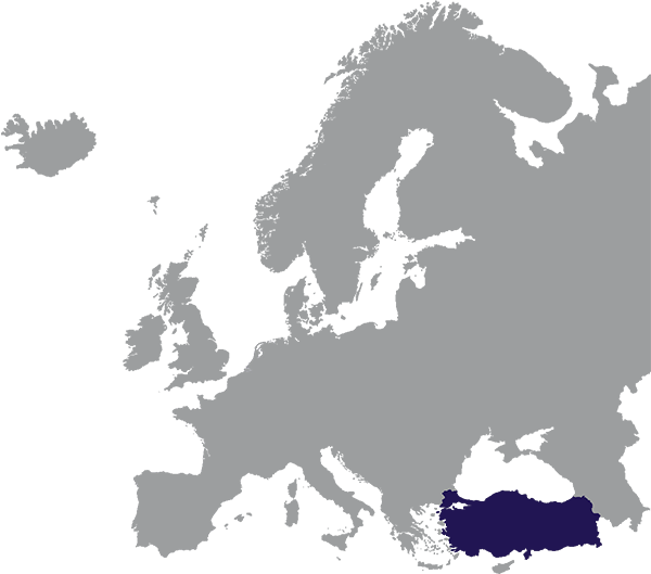 Turkije aangegeven in donkerblauw op grijze kaart van Europa - op transparante achtergrond - 600 x 529 pixels